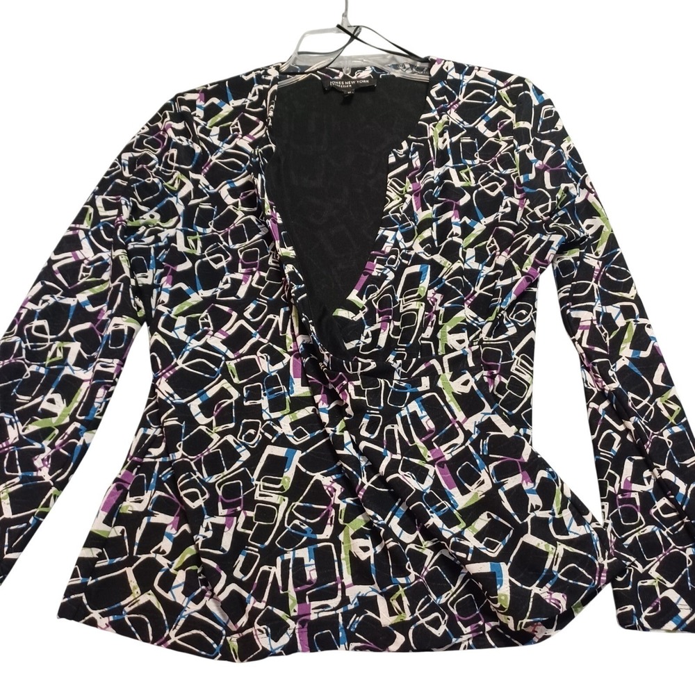 Jones New York Collection Womens Medium Geometric‎ Abstract Faux Wrap V-Neck Top